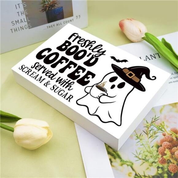 Cute Halloween Kitchen Decor Wood Box Coffee Bar Sign Halloween Signs Indoor - Picture 2 of 7